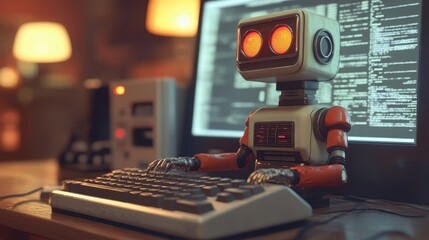 A classic, boxy robot focuses intently on a programming task at an old-fashioned computer setup with glowing monitors. The vintage elements combined with technology make this scene a fun mix of past