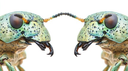 Poster - Close-up of two colorful beetles facing each other, showcasing intricate details and textures.