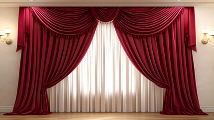 Poster - Luxurious red velvet curtains draping over a wooden floor, highlighted by spotlights, red, velvet, curtains, wooden. Velvet. Illustration