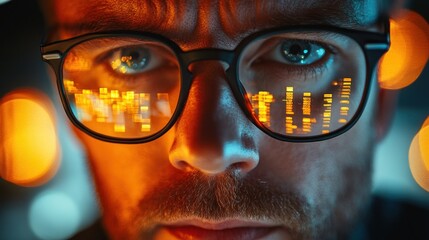 Night Coder: A Close-Up of a Programmer's Focused Gaze, Reflected in his Glasses, Illuminating the Digital World.