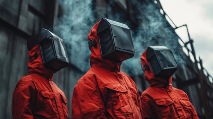 Aufkleber - Three figures in red jackets and unique helmets stand against an industrial backdrop.