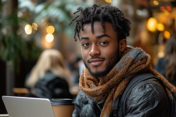 Wall Mural - A young professional sitting in a cafe, working on their laptop while sipping coffee, showing the flexibility of remote work