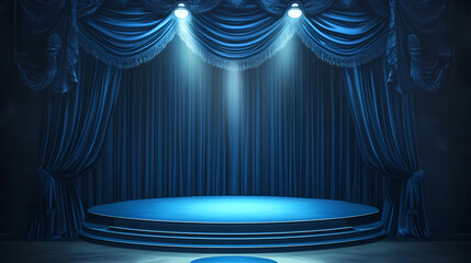 Poster - Elegant stage with blue velvet curtains and a spotlight on the empty pedestal. Velvet. Illustration