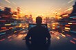 © mohdfaizal - Silhouette of a Focused Individual Working Late at Night in Front of a Computer, Surrounded by a Dynamic Cityscape Blurred with Fast-Moving Lights and Colors