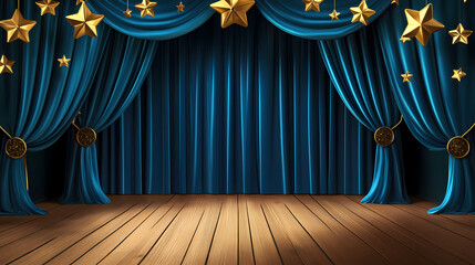 Poster - Dramatic blue velvet curtains on a theater stage, golden star accents, wooden flooring, classic performance setting. Velvet. Illustration