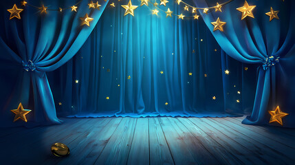 Poster - Dramatic blue velvet curtains on a theater stage, golden star accents, wooden flooring, classic performance setting. Velvet. Illustration