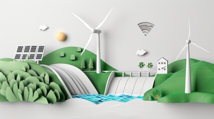 Wall Mural - A white background featuring a wind turbine, solar panel, and hydroelectric dam