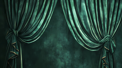 Poster - A luxurious green velvet curtain with a draped design. Velvet. Illustration