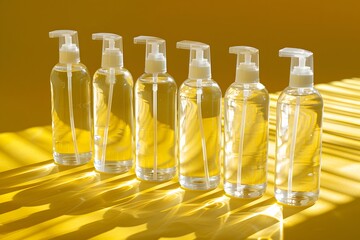 Canvas Print - Elegant Display of Clear Bottles on a Vibrant Yellow Background