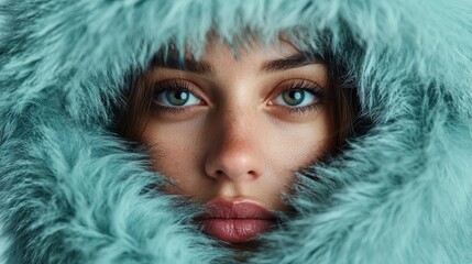 Close-up of a woman's face surrounded by a vibrant teal fur hood, showcasing her striking blue eyes and minimal makeup, creating a blend of elegance and warmth.