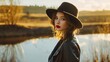 © Pixcellence - Stunning Woman in a Black Hat and Leather Jacket at Sunset