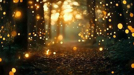 Wall Mural - rustic new year celebrations abstract background with defocused bokeh lights in a forest clearing, w