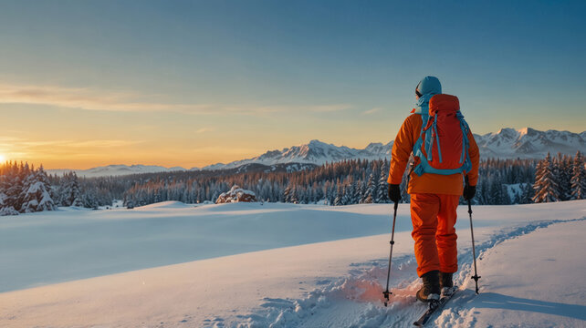a lonely adventurer stands against the background of a huge snow-covered landscape