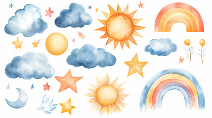Wall Mural - Set of watercolor illustrations with clouds, stars, sun, rainbow, and boho elements. Parhelion. Illustration