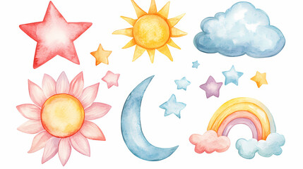 Wall Mural - Set of watercolor illustrations with clouds, stars, sun, rainbow, and boho elements. Parhelion. Illustration