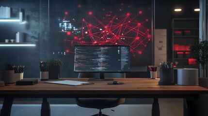 Modern workspace with computer displaying code and network graphic.