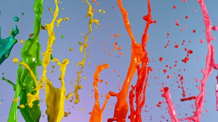 Poster - Super Slow Motion of Flying Colored Splashes, Isolated on Colored Background. Filmed on High Speed Cinema Camera, 1000fps. Camera in Motion.