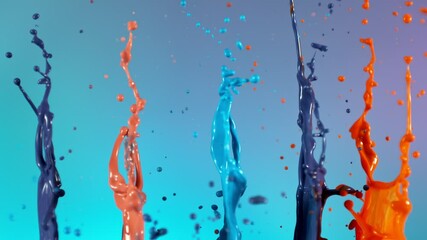 Poster - Super Slow Motion of Flying Colored Splashes, Isolated on Colored Background. Filmed on High Speed Cinema Camera, 1000fps. Camera in Motion.