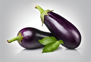 Fresh eggplant with vibrant purple skin and green stem isolated on white background, perfect for healthy recipes and culinary creativity.