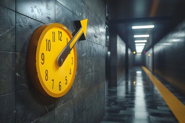 Canvas Print - Modern Yellow Clock in a Dimly Lit Hallway