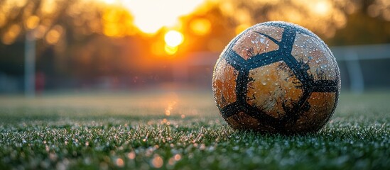Wall Mural - Dew-covered soccer ball at sunrise on a field.