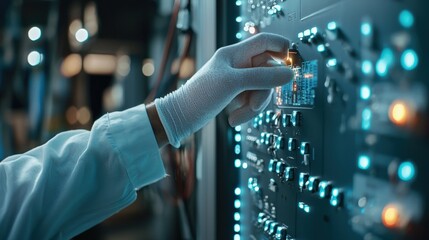 Leinwandbilder - An electrician in reflective gloves wiring a digital control panel with glowing buttons