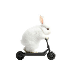 A fluffy white rabbit riding a small black scooter isolated on white background