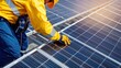 © Mrammon - A worker inspecting solar panels in a vast field during sunrise, enhanced sharpness and fair light
