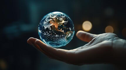 Fototapete - A digital hologram of Earth held by a hand, symbolizing global connectivity and innovation