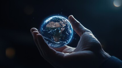 Poster - A digital hologram of Earth held by a hand, symbolizing global connectivity and innovation