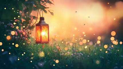 Wall Mural - peaceful meadow new year celebrations abstract background with defocused bokeh lights, glowing lante