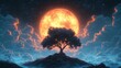 © ProStockGallery - Mystical Tree Silhouette Against a Giant Red Moon with Cloudscape, Stars and Fantasy Sky