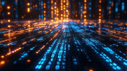 Abstract Digital Data Stream with Glowing Binary Code, Network Technology Concept.
