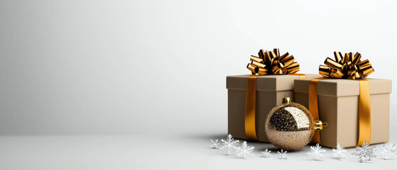 Minimalist Christmas design with two beige boxes and golden ornament