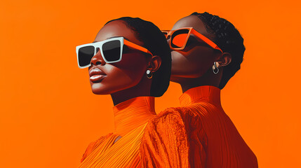 Wall Mural - Black women in sharp sunglasses exude elegance as they pose in vibrant orange outfits, reflecting a fusion of modern style and timeless sophistication. generative ai. Timeless. Illustration