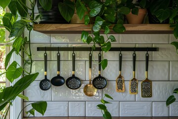 Wall Mural - Brass kitchen utensils and chef accessories with green plants on wooden tabletop and white tiles