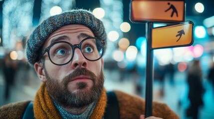 Man confused at sign, city lights.