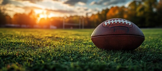 Wall Mural - American football on grass field at sunset.
