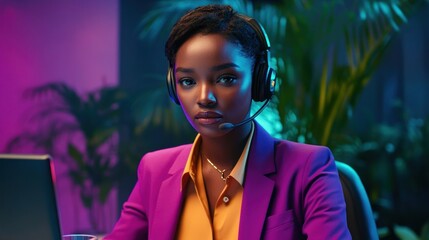 Confident businesswoman wearing headset, purple blazer, serious expression.