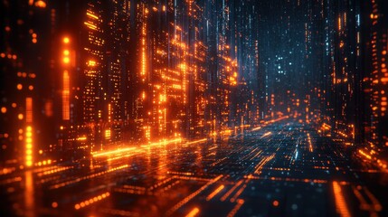 Futuristic Digital Cityscape Abstract Glowing Data Network in Cyberpunk Style.
