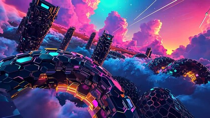 Wall Mural - vibrant sci-fi scene with synthwave styled towers in breathtaking perspective. futuristic cyberpunk 