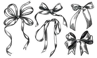 Wall Mural - Bow sketch isolated on white background. Collection of decorative holiday ribbons for birthday, wedding or Christmas celebration.