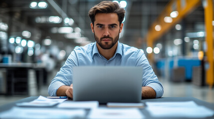 Young busy latin business man employee worker looking at laptop computer watching online webinar or having virtual hybrid meeting writing notes, doing market research working in office. Copy space.