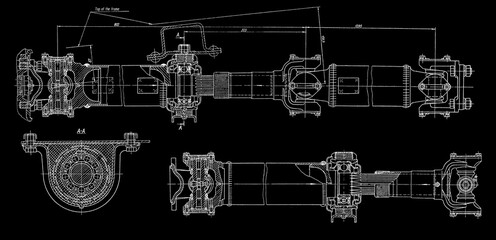 Wall Mural - driveshaft, cardan of truck. engineering automotive mechanical drawing of steel device on paper shee