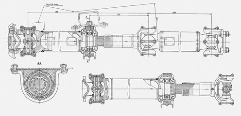 Wall Mural - Driveshaft, cardan of truck.
Engineering automotive mechanical drawing of steel 
device. Industrial cad scheme on white paper sheet. 
Technology design of machine building industry. 
Machined template