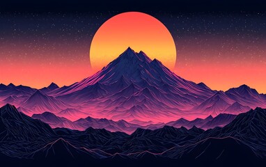 Wall Mural - A stunning digital illustration of a majestic mountain silhouetted against a vibrant orange sunset, with layered hills and a starry night sky, creating an awe-inspiring atmosphere.