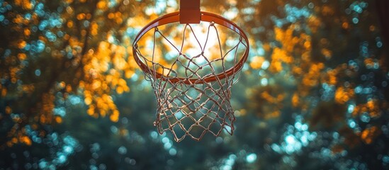 Wall Mural - Basketball hoop outdoors, autumn leaves bokeh background.