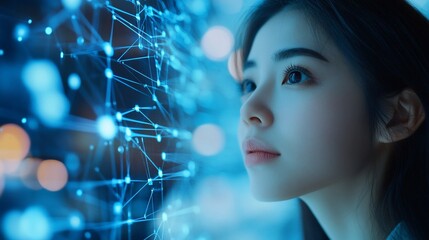 Wall Mural - Woman looks at luminous network.
