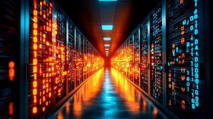 Digital binary code background with orange and blue numbers representing data technology or cyber security. Concept of advanced software development in digital age, motion blur background. 8K resoluti