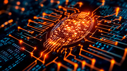 Digital binary code background with orange and blue numbers representing data technology or cyber security. Concept of advanced software development in digital age, motion blur background. 8K resoluti